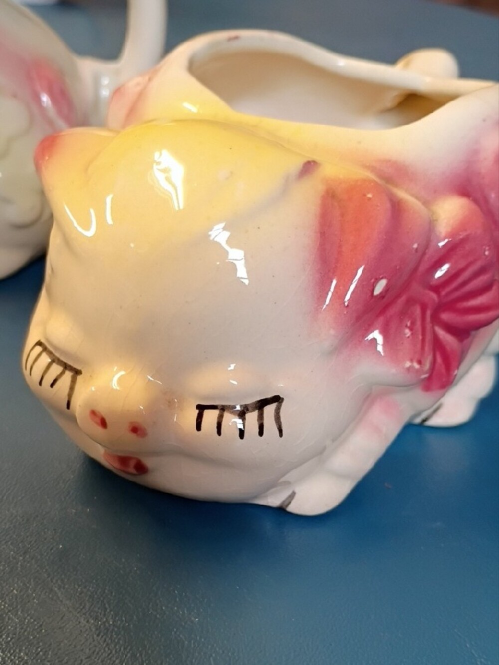 Vintage Smiley Pig Creamer and Sugar Set - Yellow and Pink